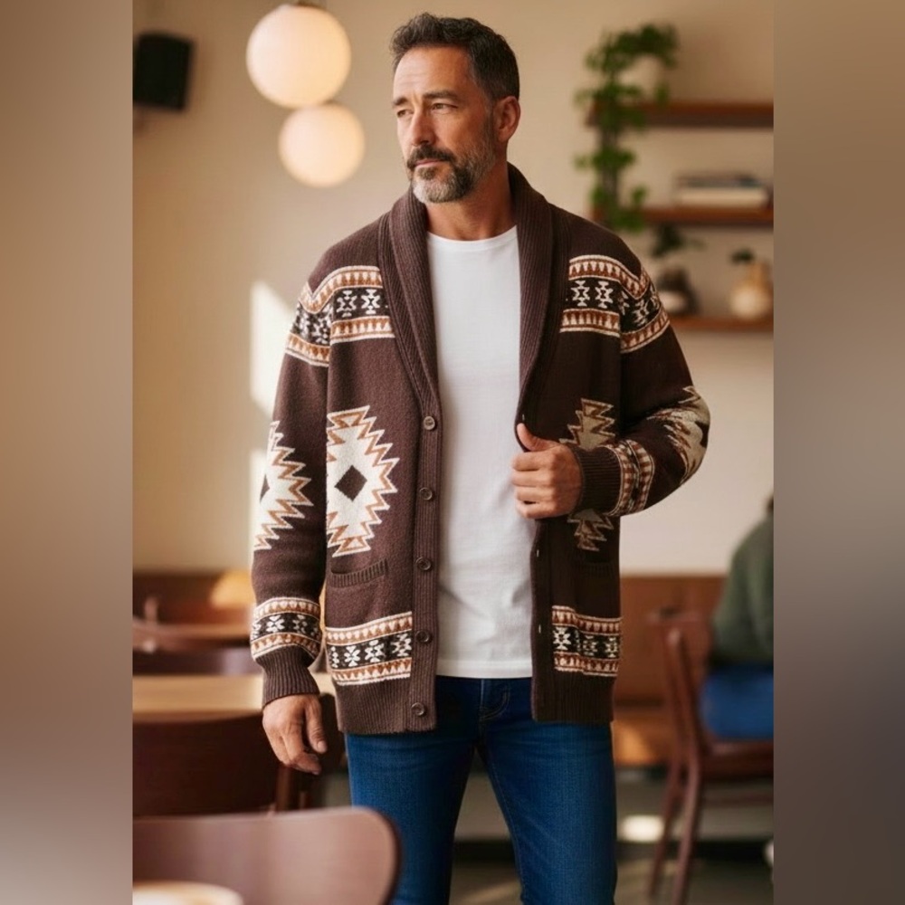 Telluride Men's Brown Aztec Patterned Cardigan Sweater in M